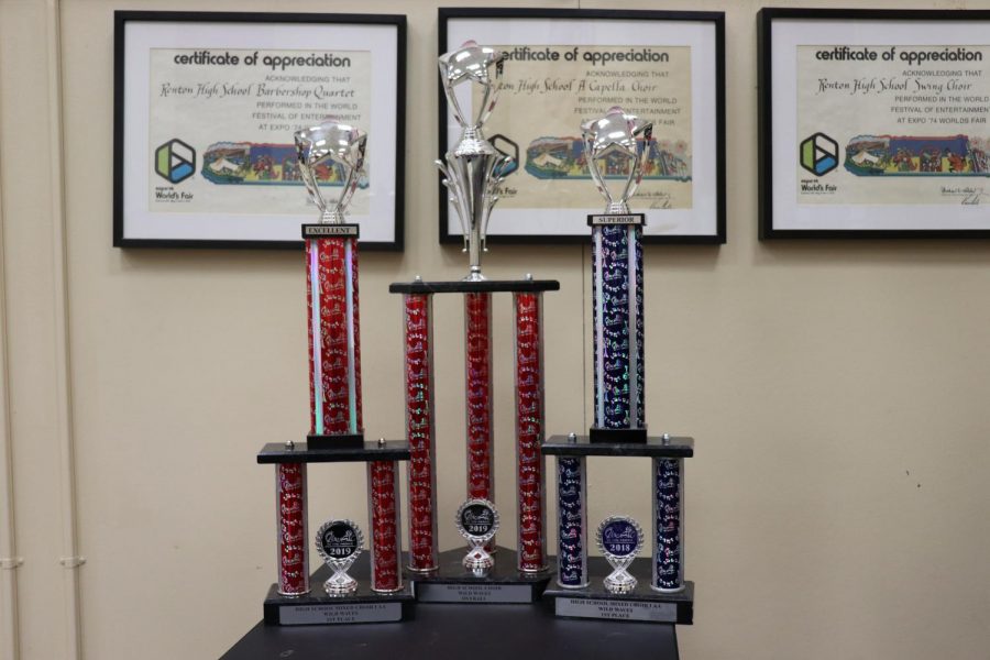 Above are the trophies won by the A Cappella class throughout last two years. They were all won during the Music in the Parks festivals music competition.