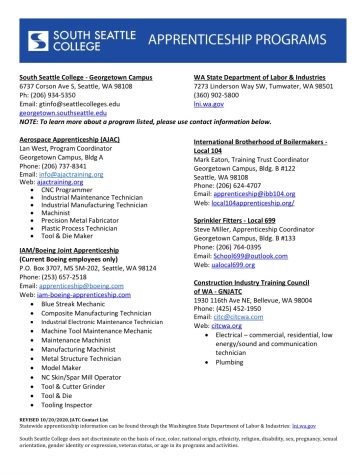 Website that shows programs for South Seattle college. With contact information