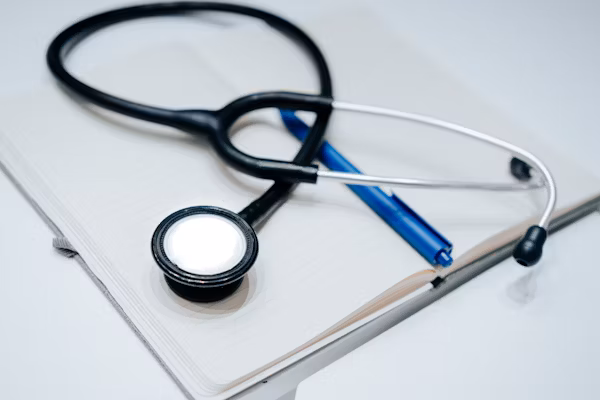 Photo of a doctor's stethoscope, pad of paper & pen.