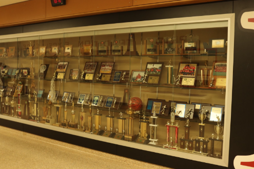 Photo of sports trophies that Renton High School has won. Photo taken by Thy Pham Nguyen and Sarah Ngo.
