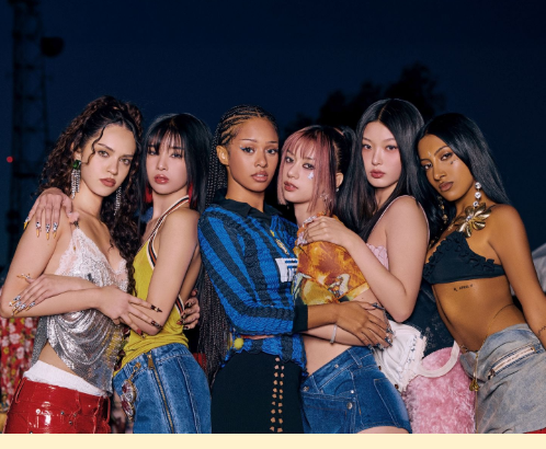 Picture of the group KATSEYE.  From left to right: Daniella, Sofia, Manon, Megan, Yoonchae, and Lara.