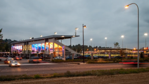 Photo of the Homecoming stadium lights for the football game at Renton Memorial Stadium.