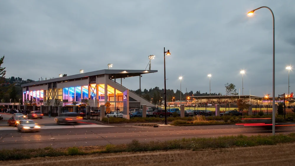 Photo of the Homecoming stadium lights for the football game at Renton Memorial Stadium.