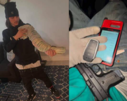 A photo of Cunningham and a photo showing an Autel programmer, an Autel universal key, and a firearm.

