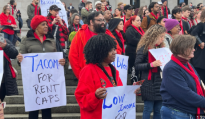 This is an image of people from all different cities around the Seattle area going on strike and protesting for cheaper prices in their respective cities.
