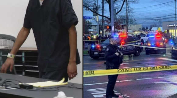 A photo with the suspect on the left and the crime scene on the right.